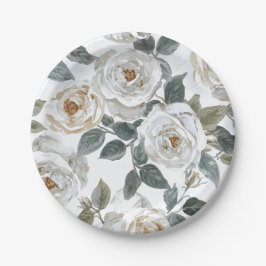 Garden Roses | White Watercolor Floral Vintage Pappteller
