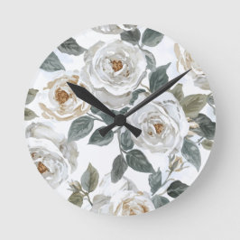 Garden Roses | White Watercolor Floral Vintage Runde Wanduhr