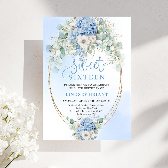 Garden Script Blue Floral Gold Sweet 16 Birthday  Einladung (Garden Script Blue Floral Gold Sweet 16 Birthday Invite)