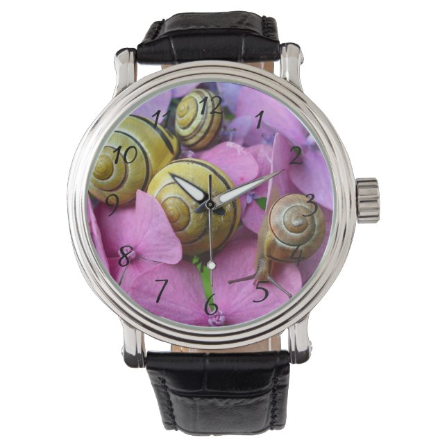 Garden Snails auf rosafarbenen Blume Armbanduhr (Vorderseite)