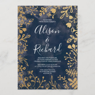 Garden Starry Night Gold und Navy Wedding Invitati Einladung