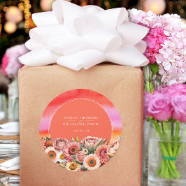 Garden Sunrise Pink Orange Moderne Blumenhochzeit Runder Aufkleber