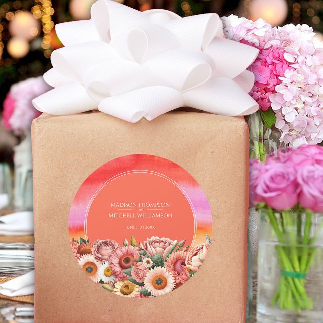 Garden Sunrise Pink Orange Moderne Blumenhochzeit Runder Aufkleber (Von Creator hochgeladen)