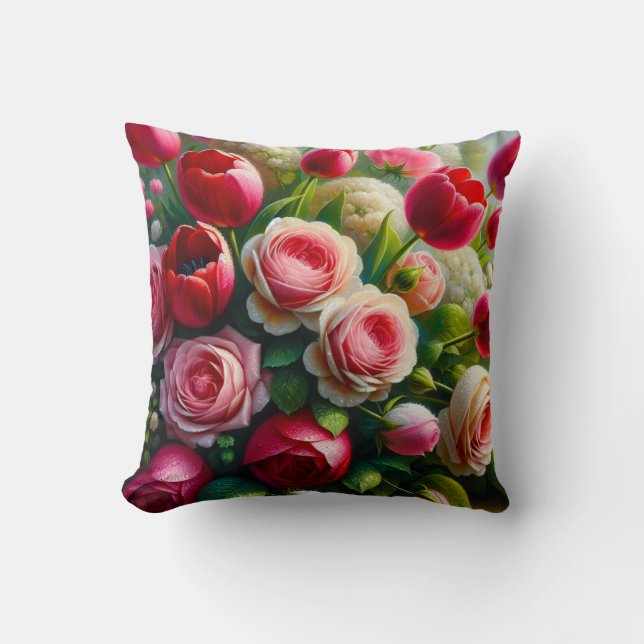 "Garden Symphony: Raindrops on Rose and Tulips" Kissen (Vorderseite)
