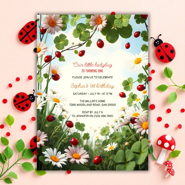 Garden Theme Baby Girl Ladybug 1. Geburtstag Einladung (Ladybug 1st Birthday Invitation – Garden Theme Party Invite for Baby Girl)