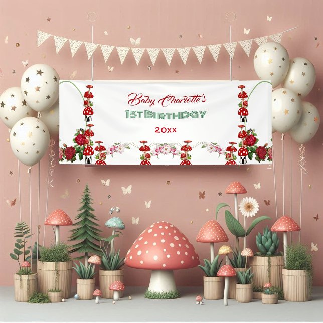 Garden Toadstool Rustikale Rose Baby's 1. Geburtst Banner (Garden Toadstool Rustic Roses Baby's 1st Birthday Banner)