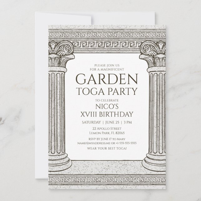 Garden Toga Party Einladung mit Steinsäulen (Vorderseite)