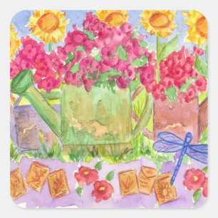 Garden Watering Can Blume Summer Bouquet Quadratischer Aufkleber