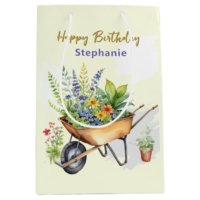 Garden Wheelbarrow Happy Geburtstag Personalisiert Mittlere Geschenktüte (Vorderseite)