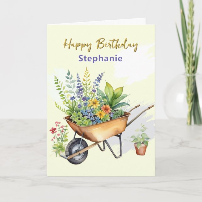Garden Wheelbarrow Individuelle Name Happy Birthda Karte (Vorderseite)
