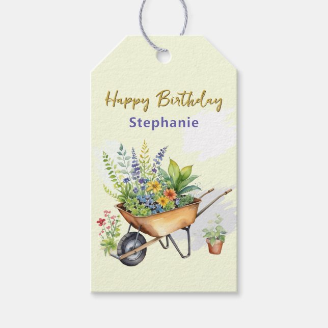 Garden Wheelbarrow mit Blume Happy Birthday Geschenkanhänger (Vorderseite)