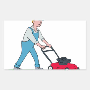 Gardener Mowing Lawn Cartoon Rechteckiger Aufkleber