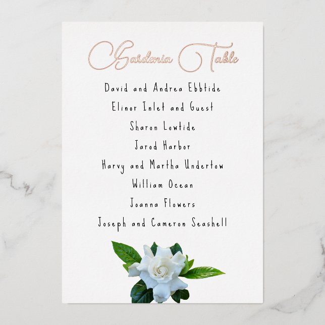 Gardenia Blume Gästeliste Tabellenname Foulerkarte Folieneinladung (Vorderseite)