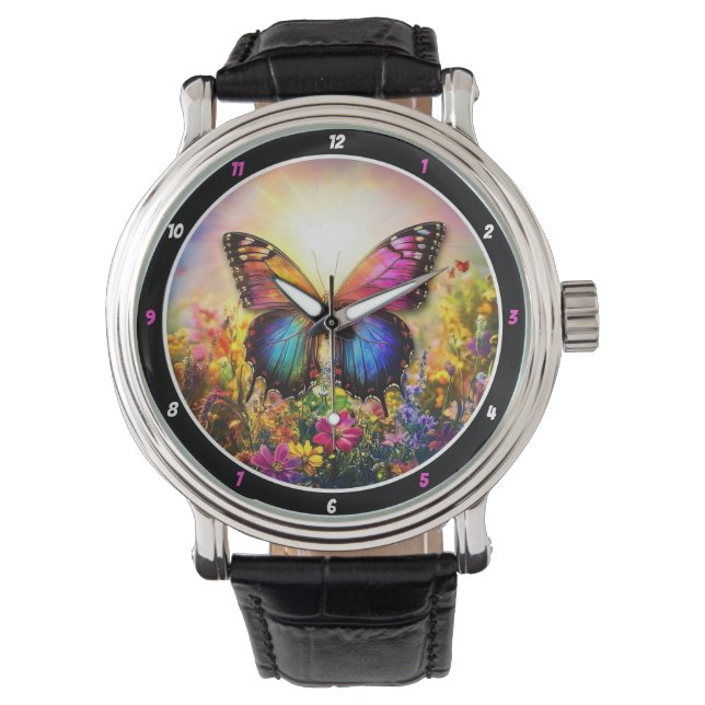 Garden's Embrace" - Vibrant Butterfly Armbanduhr (Vorderseite)