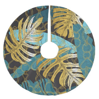 Gardinen aus Gold, tropische Blätter. Polyester Weihnachtsbaumdecke