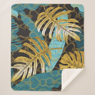 Gardinen aus Gold, tropische Blätter. Sherpadecke