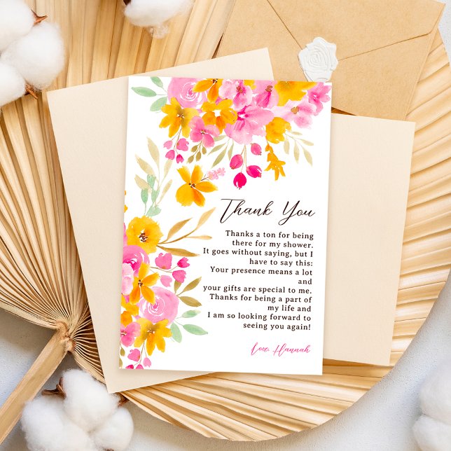 Gardinen-Brautparty in Rosa Dankeskarte (Garden yellow pink floral watercolor bridal shower thank you card)
