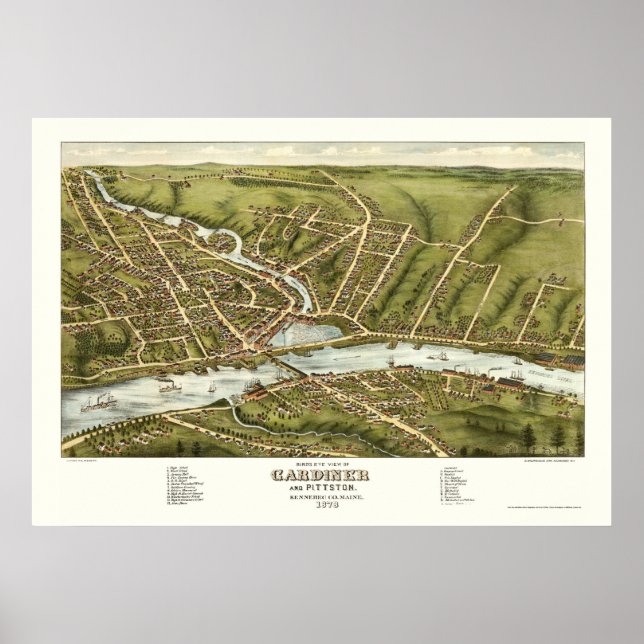Gardiner & Pittston, ME Panorama Karte - 1878 Poster (Vorne)