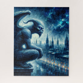 Gargoyle beobachtet Gothic City Blue Puzzle