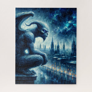 Gargoyle beobachtet Gothic City Blue Puzzle