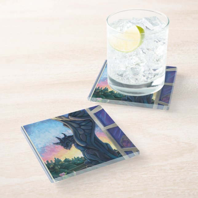 Gargoyle Guardian Art Glasuntersetzer (Schrägansicht)