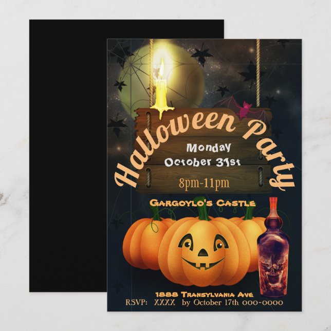 Gargoylo Castle Halloween-Kürbislaterne Einladung (Vorne/Hinten)