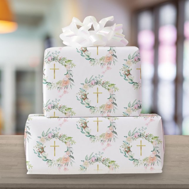 Garland Christlich Gold Cross Rose Bloral Geschenkpapier (Garland Christian Gold Cross Roses Floral Wrapping Paper)