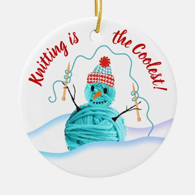 Garn-Schneemann-Stricknadeln Weihnachtsverzierung Keramikornament (Vorne)