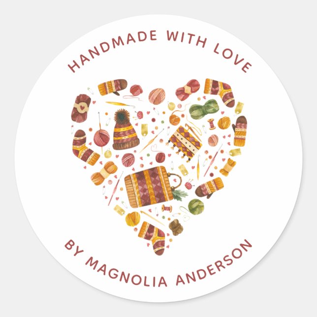 Garne Herzkreuz Handgefertigt mit Liebe Runder Aufkleber (Vorderseite)