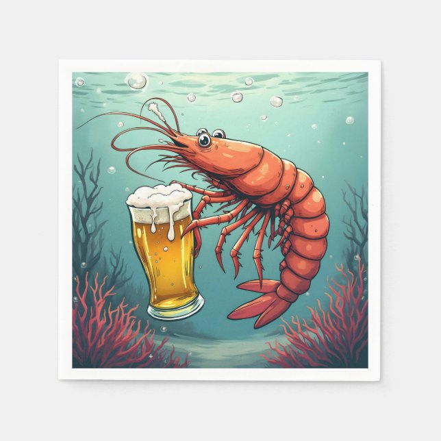 Garnele hält ein Glas Bier Serviette (Vorderseite)