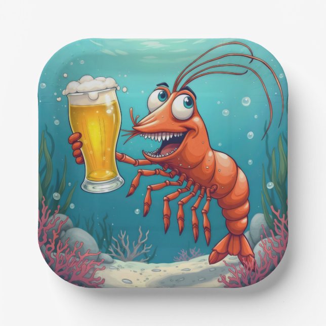 Garnelen mit einem Glas Bier unter Wasser Pappteller (Vorderseite)