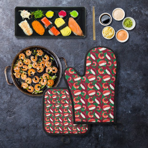 Garnelen und Sushi-Bordeaux Ofenhandschuh & Topflappen-Set