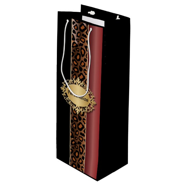 Garnet Red und Black Leopard Muster Geschenktüte Für Weinflaschen (Vorderseite Schrägansicht)