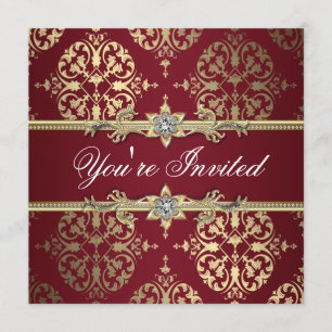 Garnet Ruby Red Gold Black Damask Party Einladung