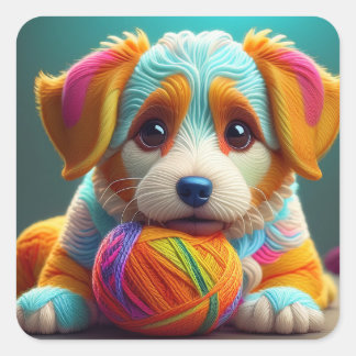 Garnpuppe Bunter Hund aus Garn Quadratischer Aufkleber