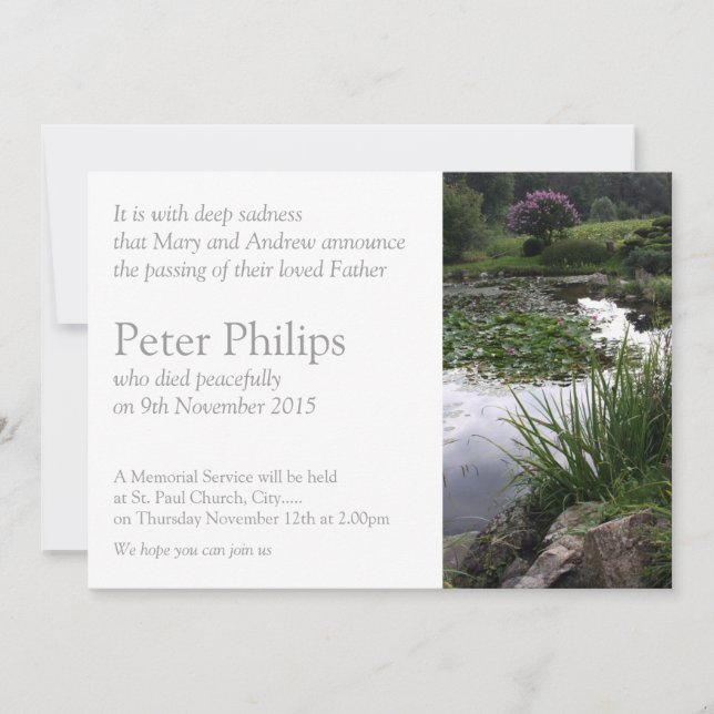 Garten 2 Friedlicher Teich Beerdigung Ankündigung (Vorderseite)