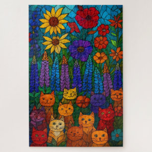 Garten der Katzen Buntglas-Katzkunst mit Blumen Puzzle