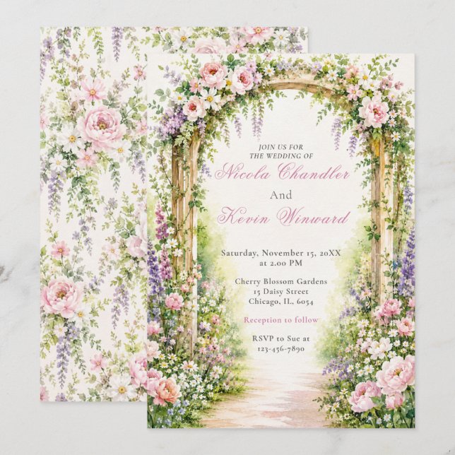 Garten Floralbogen Hochzeit Einladung (Vorne/Hinten)