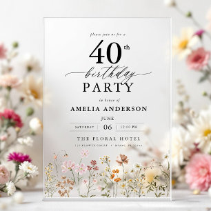 Garten Florale Kalligrafie 40. Geburtstag Acryleinladungen