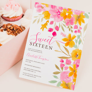 Garten gelb rosa Blumenstrauß Sweet 16 Einladung