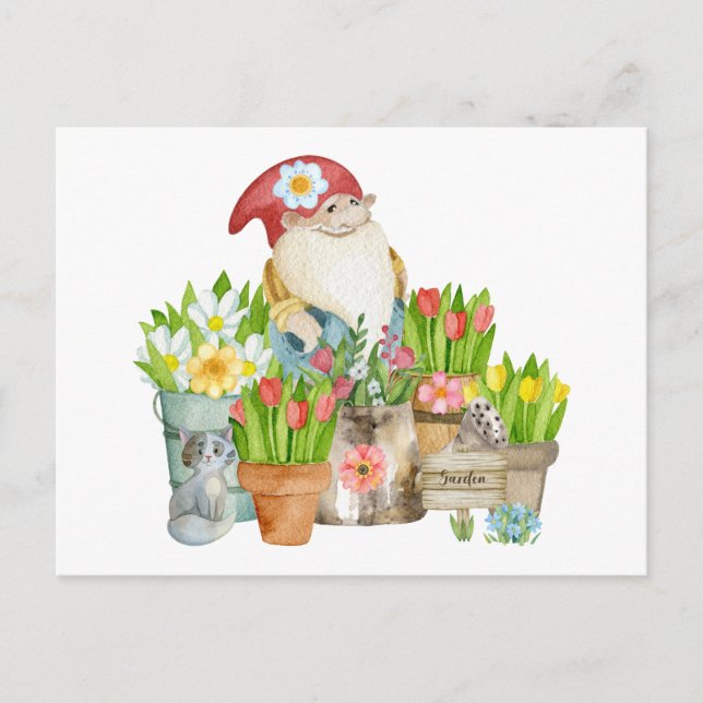 Garten-Gnome mit Blume und Katze Postkarte (Vorderseite)
