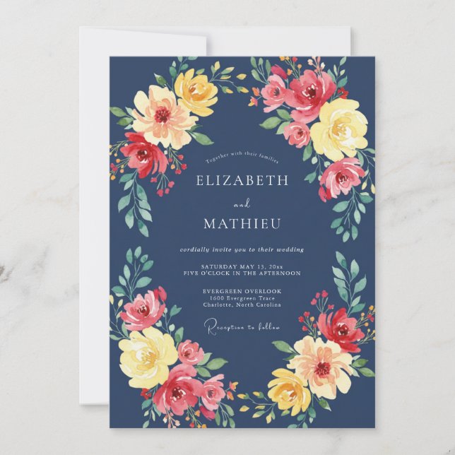 Garten Indigo Senfblatt Hochzeit Einladung (Vorderseite)