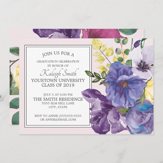 Garten Lila Gelb Rosa Blumengrau Party Einladung (Vorne/Hinten)