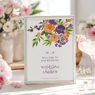 Garten Lila Orange Blumige Hochzeit Willkommen Poster
