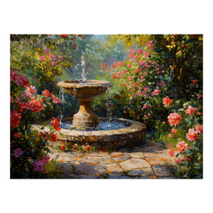Garten mit blühenden Rose und Wasserbrunnen Poster
