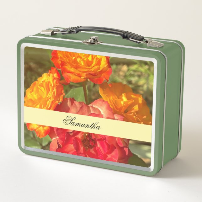 Garten mit orangefarbenen und roten Blumen Metall Brotdose (Vorderseite)