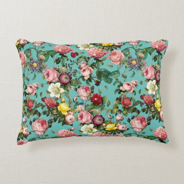Garten mit Vintager Rose im aquamarinen Hintergrun Dekokissen (Vorderseite)