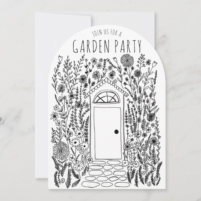 GARTEN PARTY Blume Tür Hand Gezeichnet Doodle Einladung (Vorderseite)
