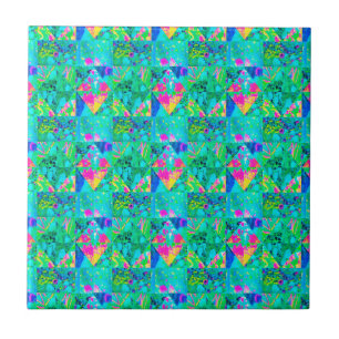 Garten-Quilt-Malerei mit Hortensie und Blautönen Fliese