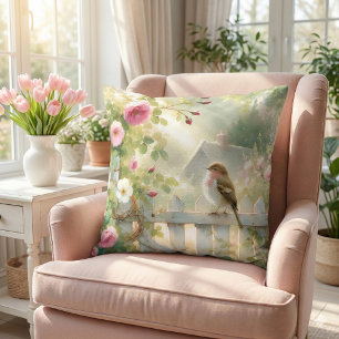 Garten-Rosen-Vogel-Aquarell-Szene Kissen